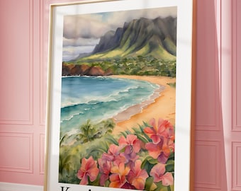 Kauai Hawaii Watercolor Printable | Tropical Beach Flowers Ocean Scene Digital Download | Hawaii Wall Art with Mountains | Palm Tree Decor