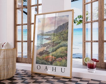 May include: A framed watercolor painting of a scenic landscape with a mountain range, lush greenery, and a coastline. The painting is titled "OAHU" in a white sans-serif font.