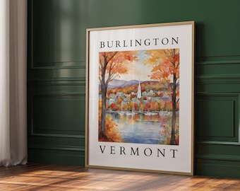 Burlington Vermont Watercolor Printable | Autumn Lakeside Art | Digital Wall Art | New England Foliage Decor