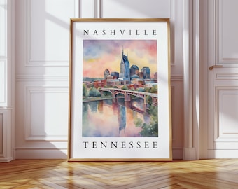 May include: A watercolor painting of the Nashville skyline with the words "Nashville Tennessee" at the top and bottom of the image.