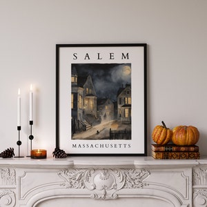 Salem Massachusetts Arte de parede para impressão em aquarela | Arte assustadora de Halloween | Download digital de paisagens urbanas históricas | Decoração de Halloween | Arte de bruxa