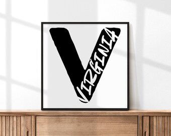 Virginia Wall Art | Digital Download | Black and White State Letter Print | Minimalist Typography Art | Modern Home Decor | Printable Gift