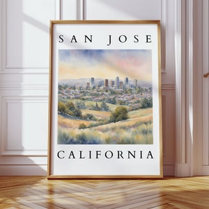 San Jose-aquarelprint | Skylinekunst Californië | Digitale download stadsbeeld Silicon Valley | San Jose-muurkunst als woondecoratie
