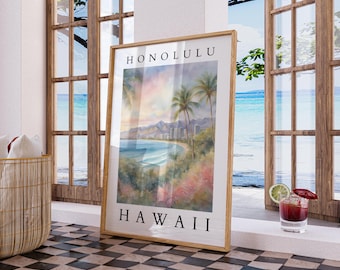 May include: A framed print of a watercolor painting depicting a beach scene in Honolulu, Hawaii. The painting features palm trees, a beach, and the city skyline in the distance. The text "HONOLULU" and "HAWAII" are printed in black at the top and bottom of the print.