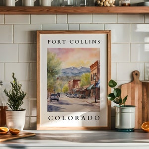 Arte de pared imprimible con acuarela de Fort Collins / Arte de pueblo de montaña de Colorado / Descarga digital para decoración del hogar / Impresión de paisaje inspirado en la naturaleza