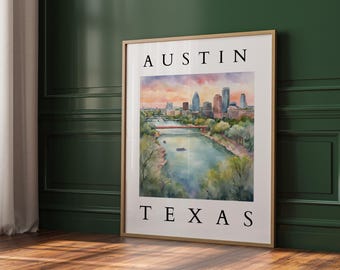 Austin, Texas Watercolor Printable | Texas Cityscape Wall Art | Digital Download | Skyline Art Decor | Modern Travel Art | Austin Poster