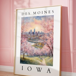 Des Moines Iowa Watercolor Art Print | Scenic Cityscape Wall Art | Spring Landscape Home Decor | Digital Download Wall Art