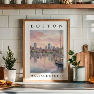 Boston Massachusetts Watercolor Printable | City Skyline Wall Art | Digital Download | Boston Harbor Home Decor | Boston Home Decor Print