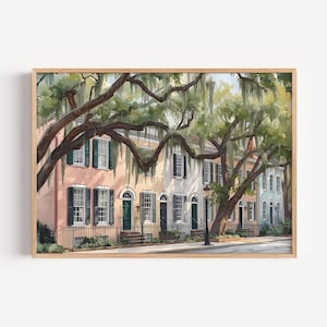 Savannah Georgia Wall Art Print | Historic Pastel Row Houses Watercolor | Spanish Moss Southern Street Scene Digital Download