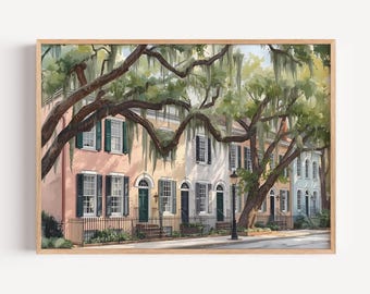 Savannah Georgia Wall Art Print | Historic Pastel Row Houses Watercolor | Spanish Moss Southern Street Scene Digital Download