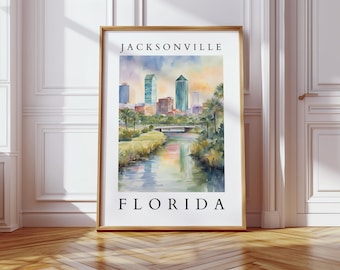 May include: A watercolor painting of the Jacksonville, Florida skyline. The painting depicts a river flowing through the city with buildings and trees in the background. The text "JACKSONVILLE" and "FLORIDA" are printed at the top and bottom of the painting.