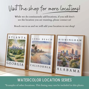 A promotional graphic featuring multiple watercolor city prints, showcasing the variety of location-based artwork available in the shop.