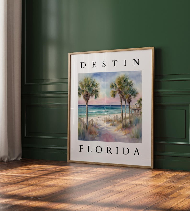 Destin Florida Watercolor Printable Beach and Palm Trees Art Coastal