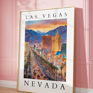Las Vegas Nevada Watercolor Art Print | Cityscape Wall Art with Sunset | Vegas Skyline Digital Download Decor