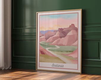 Plakat z Parku Narodowego Badlands | Grafika ścienna Dakota Południowa | Akwarela z krajobrazem pustyni | Dekoracja do pobrania w wersji cyfrowej