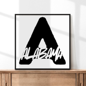 Arte imprimible de Alabama / Póster del estado con letras en negrita / Arte mural moderno de Alabama / Decoración de viaje / Descarga digital