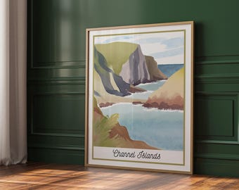 Art mural des îles anglo-normandes | Décoration de la côte californienne | Parc national imprimable | Aquarelle de plage à télécharger | Affiche d'art nature