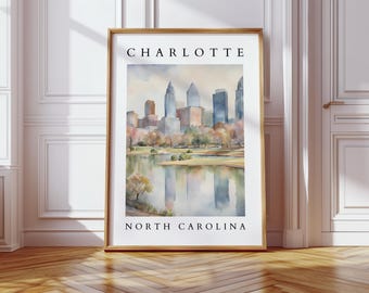 Charlotte North Carolina Watercolor Printable | Digital Cityscape Wall Art | Skyline Art Decor | Modern Charlotte Artwork