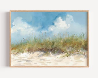 Tybee Island Georgia kunst aan de muur | Kuststrand aquarel afdrukbare | Zandduinen en zeegras Oceaanscène digitale download