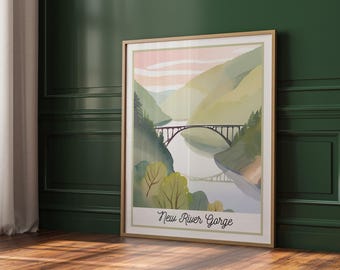 Arte de parede do Parque Nacional New River Gorge | Impressão de paisagem com ponte | Decoração natural em tons pastel | Arquivo para impressão da Virgínia Ocidental | Pôster de parque nacional