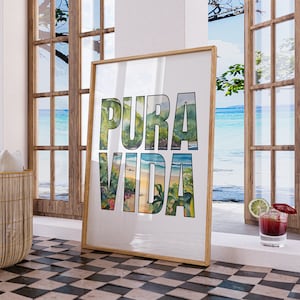 Pura Vida Tropical Printable | Costa Rica Beach Art | Pure Life Beach Wall Art Digital Download | Airbnb Decor | Pura Vida Print