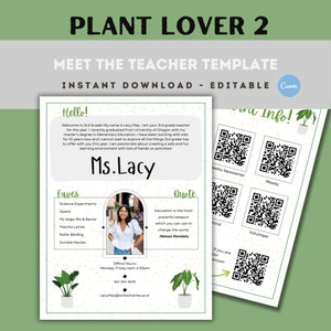 Puede incluir: Una plantilla de presentación de profesor imprimible con un tema de plantas verdes. La plantilla presenta una foto de un profesor, una cita de Nelson Mandela y una lista de las cosas favoritas del profesor. La plantilla también incluye un código QR para un boletín semanal, un código QR para una lista de listos, un código QR para una lista de voluntarios y un código QR para una página de información del aula.
