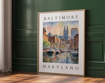 Baltimore Maryland Watercolor Printable Art | Historic Cityscape Wall Art | Harbor and Architecture Scene | Baltimore Digital Download Art