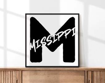 Mississippi-muurkunst | Print staat Mississippi | Digitale download typografie kunst | Minimalistisch zwart-wit decor | Mississippi-cadeau