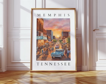 Acuarela imprimible de Memphis, Tennessee / Arte digital de Beale Street / Arte mural vintage de la ciudad de la música