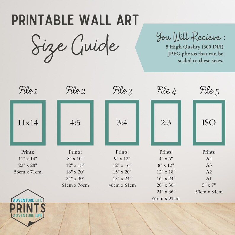 May include: Printable wall art size guide with five different file options. The guide shows the dimensions in inches and centimeters for each file size. The file sizes are 11x14, 4:5, 3:4, 2:3, and ISO.