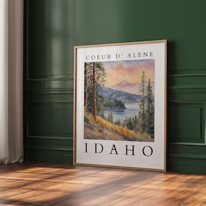 Coeur d&#39;Alene Idaho Watercolor Printable Art | Mountain Lake Wall Art | Scenic Landscape Decor | Digital Download Art | Idaho Wall Art