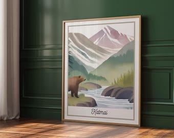 Park Narodowy Katmai do druku | Akwarela z niedźwiedziem na ścianie | Dekoracja krajobrazu Alaski | Plakat z Parkiem Narodowym | Pobieranie cyfrowe