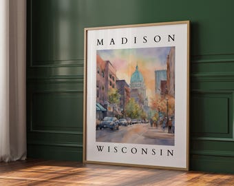 Väggkonst för Madison, Wisconsin | Utskrivbar Madisons silhuett | Digital nedladdning av stadstryck | Reseaffisch för Wisconsin | Akvarellkonst för Capitolium