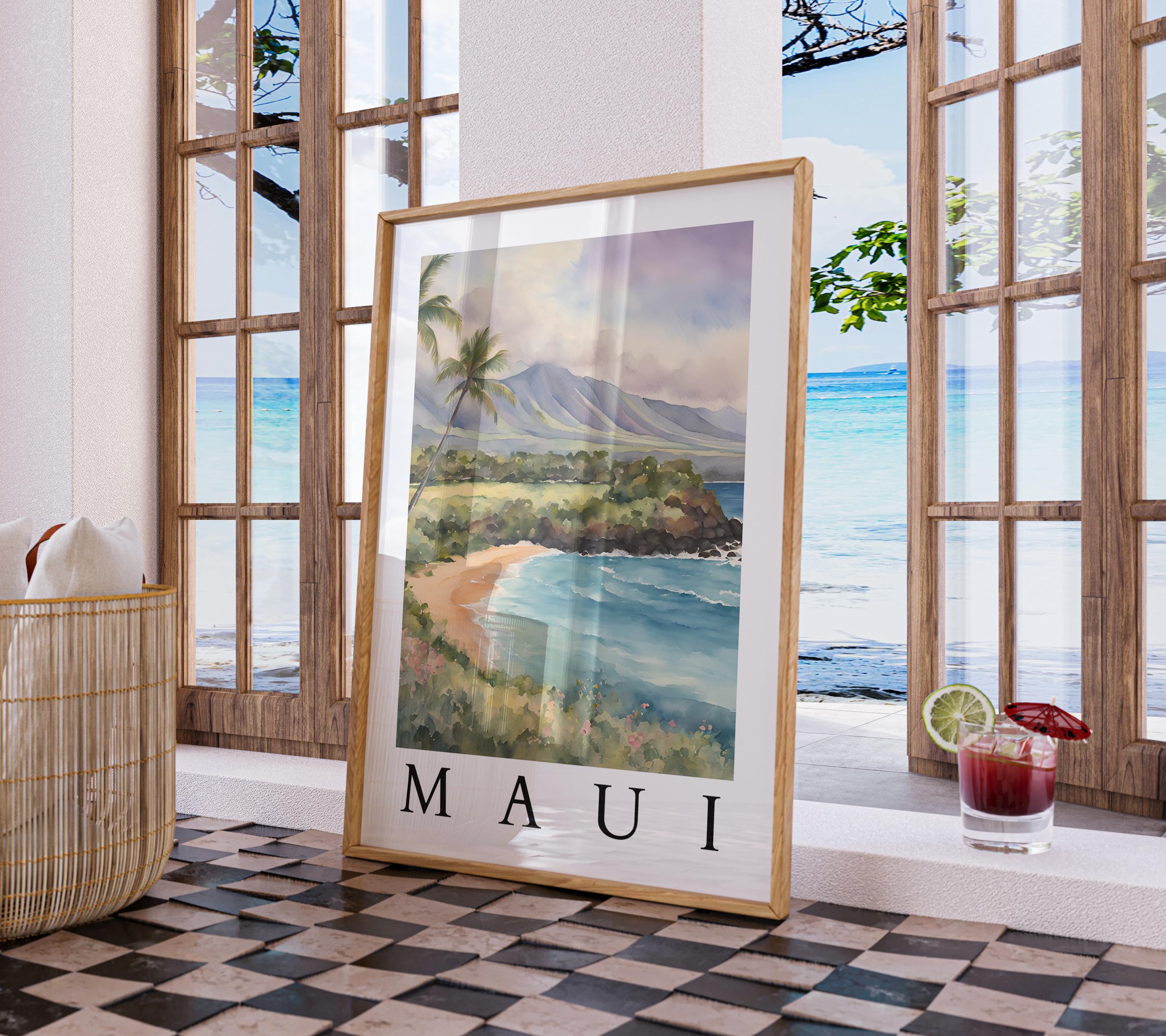 Maui Hawaii Watercolor Printable Wall Art | Tropical Beach Scene Digital Download | Palm Trees Ocean Art | Maui Decor for Hawaiian Artwork