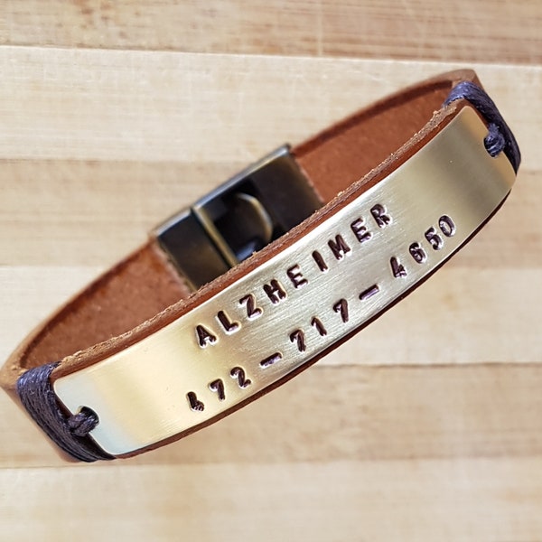 Medical Alert Bracelet,Alzheimer Bracelet,Men Leather Bracelet,Warning Bracelet,Diabet Alert Bracelet,Hand Stamped,Valentines Day Gift