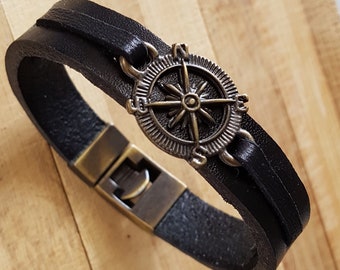 Compass Men Leather Bracele Christmas Gift for Mens Leather Bracelet Cuff Bracelet Men Gift,Anniversay Gift Graduation gift,Valentines Day