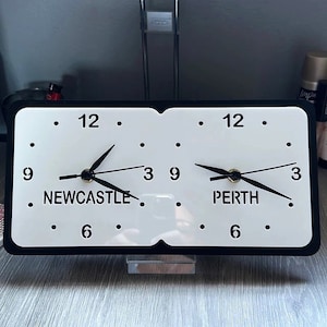 Personalised Two Time Zone Clock Rectangular with both wall fixing and desktop stand included. Many colour options. image 3