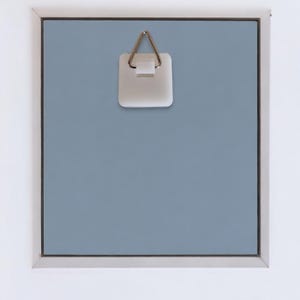 May include: A white plastic picture hanger with a silver metal hook. The hanger is attached to a light blue wall.