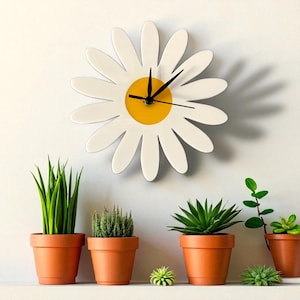 Può includere: Un orologio da parete a forma di margherita bianca con centro giallo e lancette nere. L'orologio è montato sopra diverse piante in vaso in vasi di terracotta. Le piante includono varie succulente e verde.