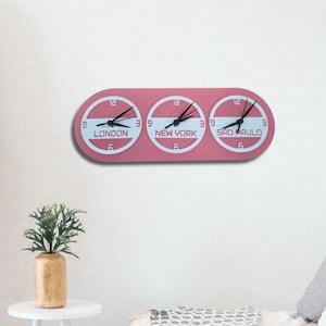 Personalised Retro Style Time Zone Clock with both wall fixing and desktop stand included. Many colour and size options.