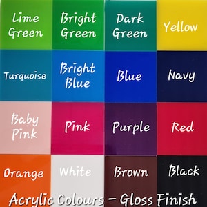 Puede incluir: Una carta de colores de pinturas acr&iacute;licas con un acabado brillante. Los colores son verde lima, verde brillante, verde oscuro, amarillo, turquesa, azul brillante, azul, azul marino, rosa beb&eacute;, rosa, morado, rojo, naranja, blanco, marr&oacute;n y negro.