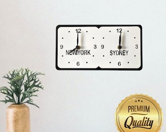 Personalized Two Time Zone Clock: Custom Place, Family Names, Color Options