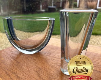 2 x Vintage Strömbergshytten Swedish Art Glass Vase Set – B916 & B313 – Signed – Mid-Century