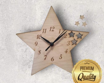 Star Shaped Wood Clock: Cherry, Oak, or Walnut Finish