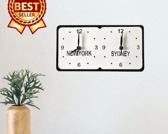 Personalized Two Time Zone Clock: Custom Place, Family Names, Color Options