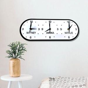 Family, Friends & Place Names, Three Time Zone Clock (Rounded) with wall fixing and desktop stand included. Many colour options.