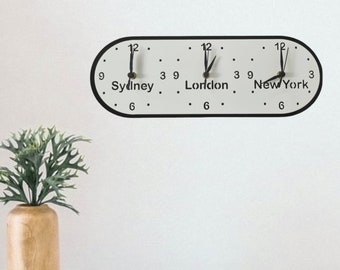 Personalised Three Time Zone Clock (Rounded) with both wall fixing and desktop stand included. Many colour options.