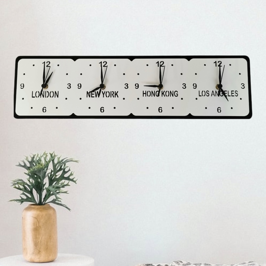 Personalised Four Time Zone Clock rectangular With Both Wall Fixing and
