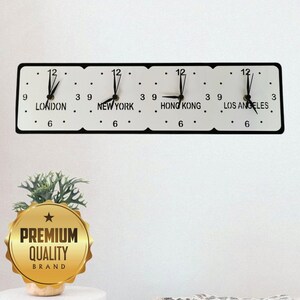 Family, Friends & Place Names, Four Time Zone Clock (Rectangular) with fixing and desktop stand. Colours and size options.