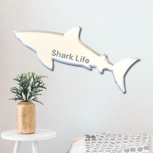 Shark Large Acrylic Mirror Wall Art -  Many Size/Colour Options, Plain or Personalised Engraving (Bespoke Items Made)